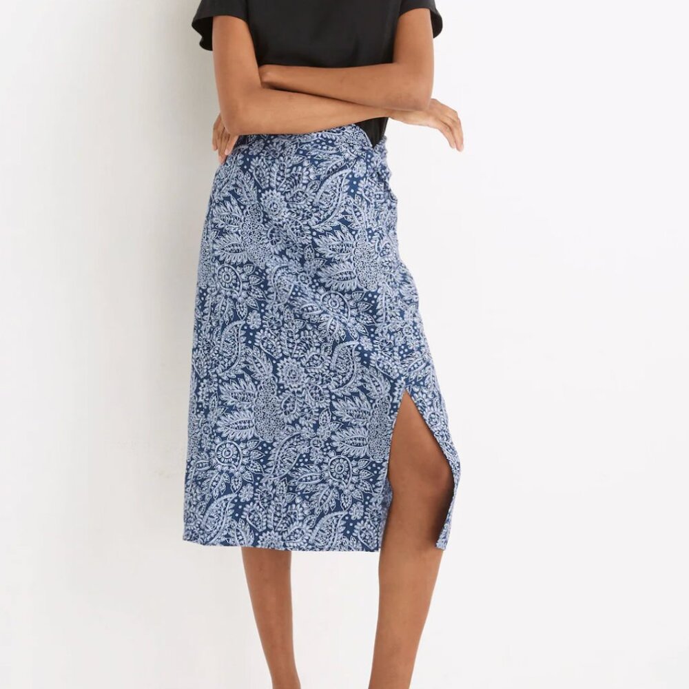 Madewell linen-blend knotted midi skirt in paisley garden